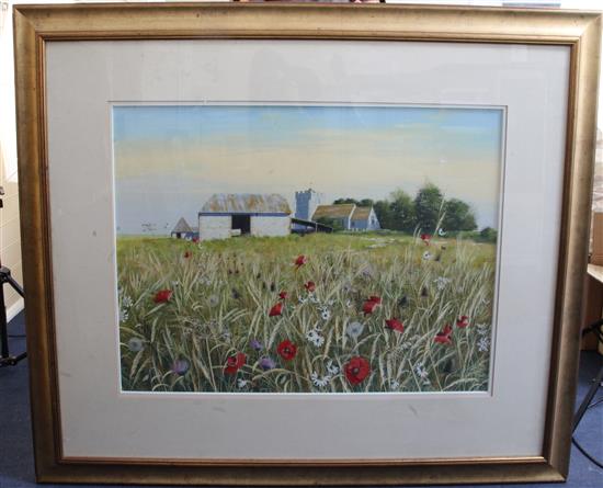 Paul Evans (1954-) Church, flint barn and poppies in a cornfield 27 x 37in.